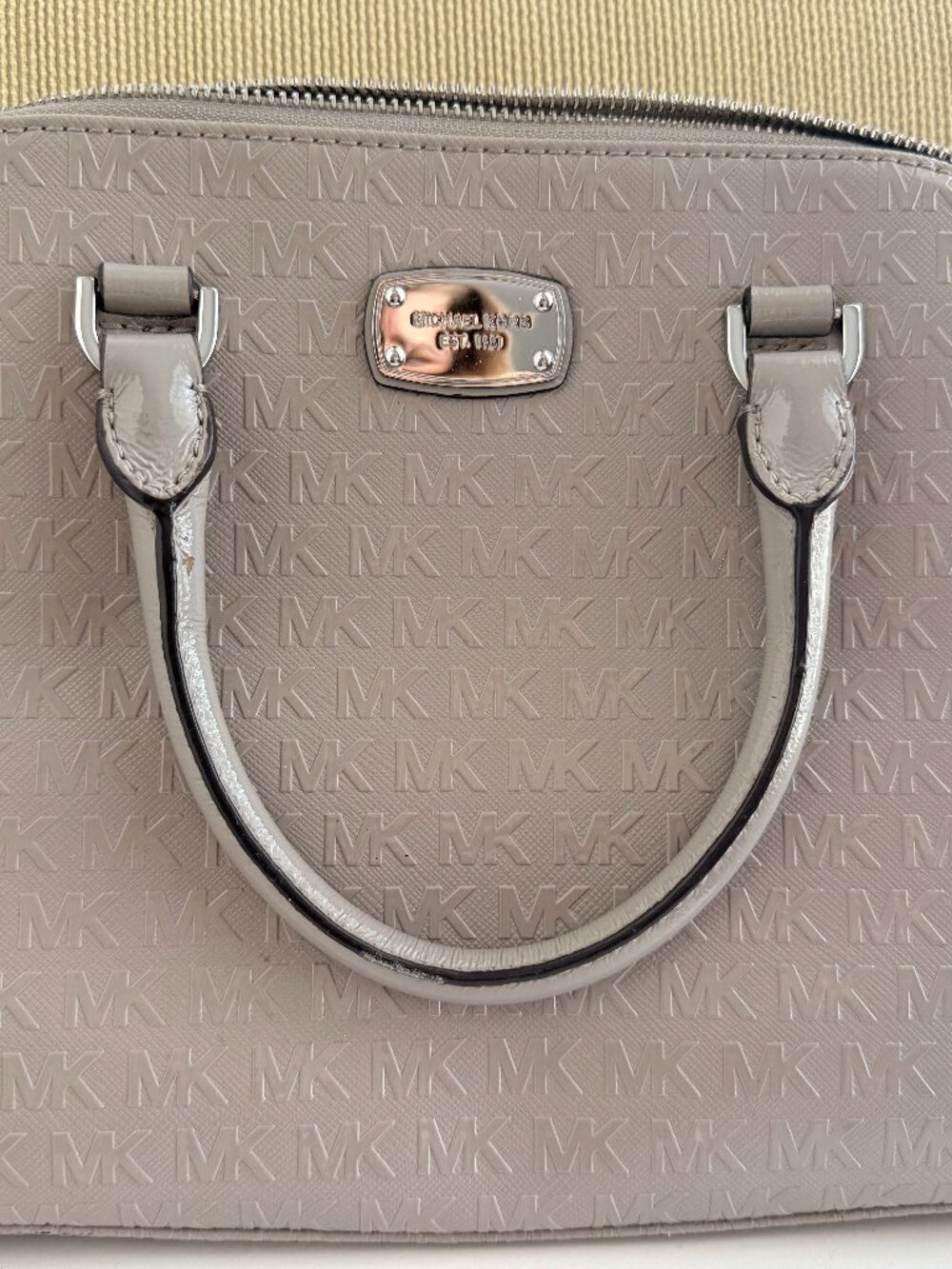 Michael Kors Emmy Large Dome Satchel - Embossed MK Monogram Leather (Pearl Grey)